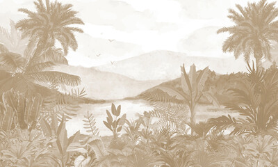 Aged Nature Wall Mural: Faded Brown Mountains, Palms & Serene Lake Scenery © csinie1