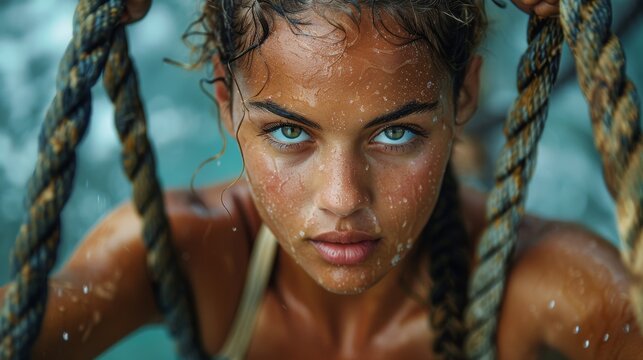 A determined young woman captured with droplets of water on her face, immersed in nature, exhibiting strength, resilience, and a connection to the natural world.