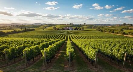 Sunny Vineyard Landscape and Farmhouse - Picturesque vineyard rows stretching towards a charming farmhouse under a vibrant sunny sky. Symbolizing: growth, harvest, abundance, tranquility