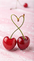 Romantic heart shape created by cherry stems with fresh red cherries on pink background