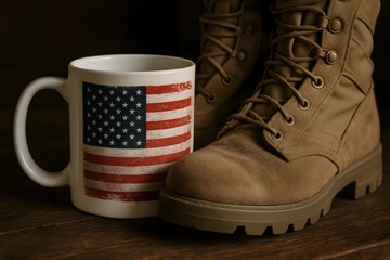 A patriotic still life of a coffee mug adorned with the Stars and Stripes sits beside rugged combat boots, reflecting a narrative of service and respect. 