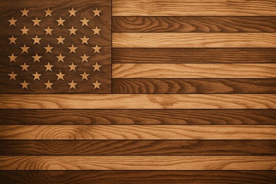 An artistic depiction of the American flag, skillfully crafted from wood, symbolizing patriotism and national identity. The wood grain adds a rustic charm to the iconic symbol.