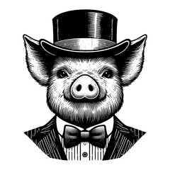 Cute Pig Wearing Vintage Suit and Top Hat Black and White Outline Line Art Drawing Portrait
