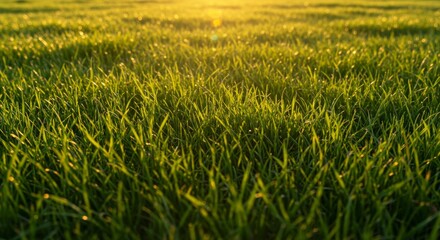 Obraz premium Lush Green Grass Field at Sunrise with Dew Drops