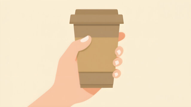 Human hand holding a brown disposable coffee cup with lid flat minimal illustration