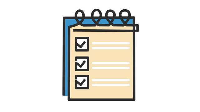 Approved checkmark on completed to-do list notebook logo in cartoon animation. Spiral checklist agenda icon. Animated productivity list. Alpha channel.