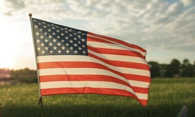 Waving american flag in a sunny field