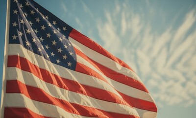 Waving national flag red white blue stripes stars sky background