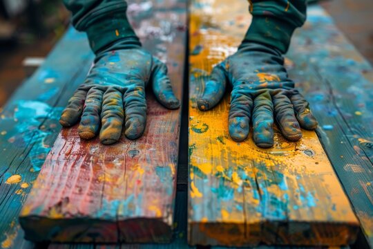 A close view of gloved hands smoothing colorful painted wood planks, showcasing the artistry and creativity involved in crafting and DIY projects. - Powered by Adobe