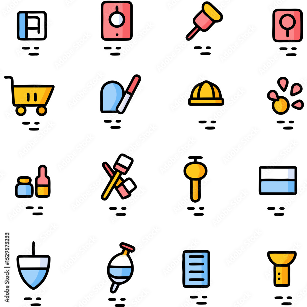 Poster collection of colorful line icons diverse objects and tools