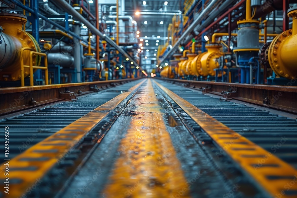 Aufkleber this striking image captures a view of industrial pipelines and valves illuminated in a large factor