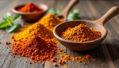 Colorful spices in wooden spoons enhance culinary creativity