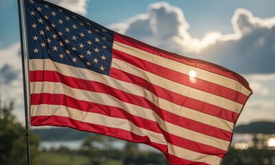 American flag waving in sunlight patriotic symbol national holiday