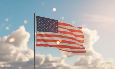 American flag waving in sunlight patriotic symbol national colors sky background