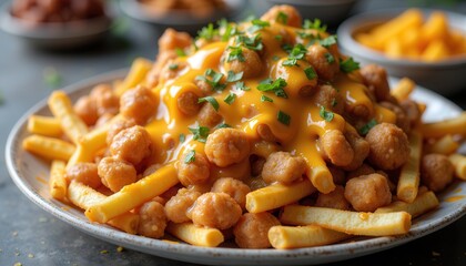 Loaded cheese fries with crispy chickpeas herbs