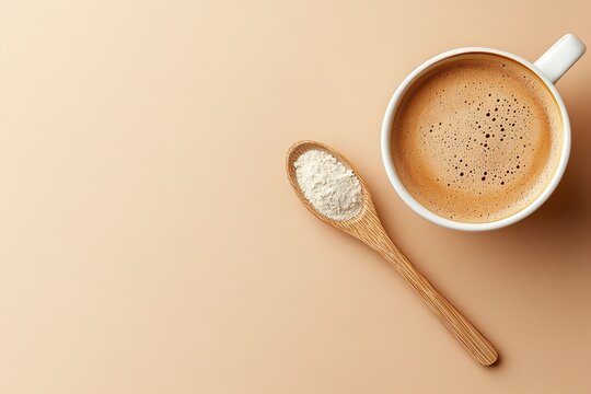 A&nbsp;pale&nbsp;brown&nbsp;setting&nbsp;depicting&nbsp;cup&nbsp;of&nbsp;black&nbsp;coffee&nbsp;and&nbsp;large&nbsp;spoon&nbsp;laden with coffee whitener powder depicts&nbsp;coffee lover and tasty treat, Generative AI.
