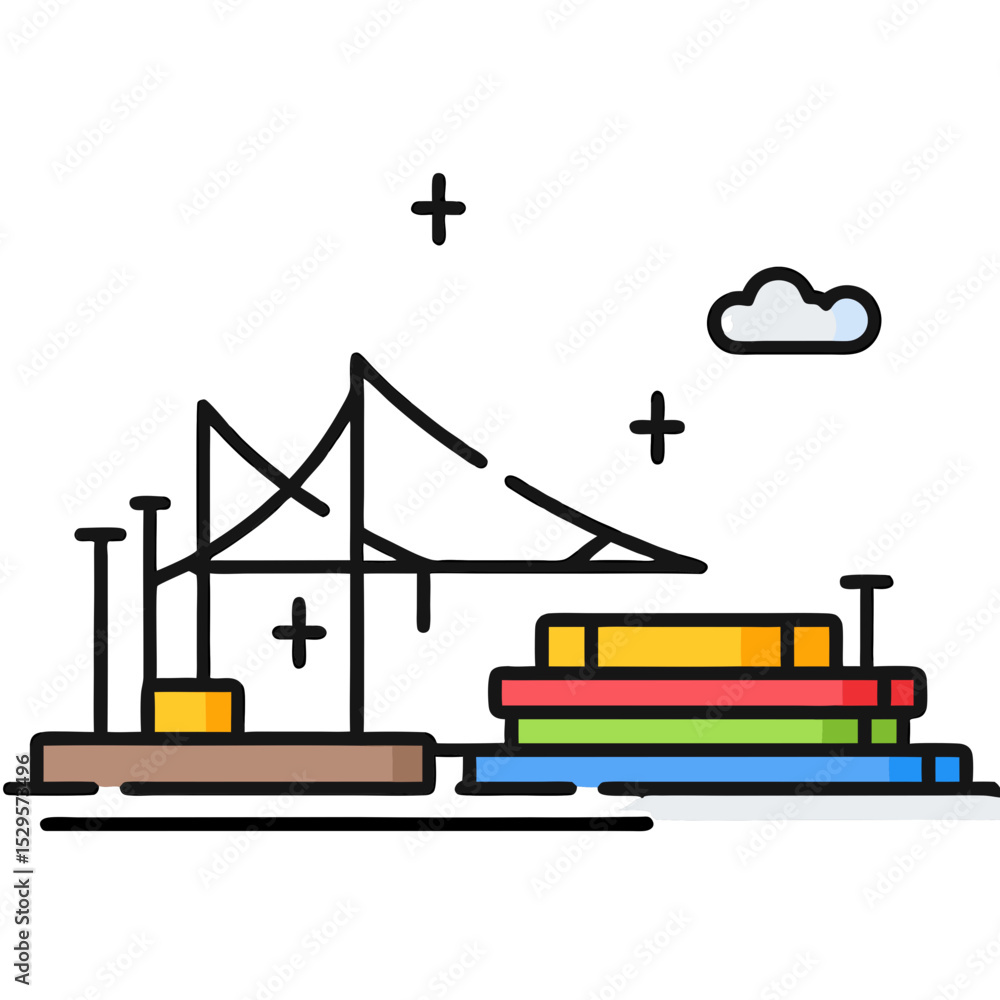Poster colorful abstract bridge and stacked blocks with cloud and plus symbols