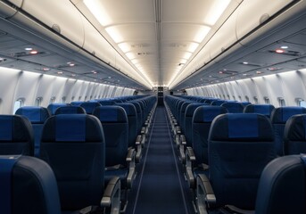 Empty Airplane Cabin with Blue Seats and Soft Lighting