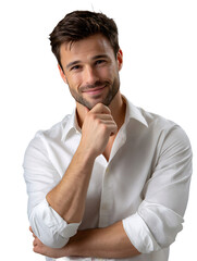 Thoughtful Pose: A captivating portrait of a man, exuding charm and contemplation. Dressed in a pristine white shirt, he holds his chin, his expression a mix of thoughtfulness and approachability.