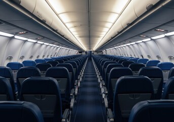 Fototapeta premium Empty Airplane Cabin Interior Rows of Dark Blue Seats