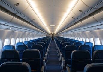 Empty Airplane Cabin with Blue Seats and Soft Lighting (1)