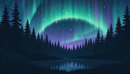 Fototapeta premium A mesmerizing aurora borealis illustration displaying vibrant green and purple lights dancing across a starry night sky above a dark silhouette of a pine forest and a snowy ground, evoking the natura