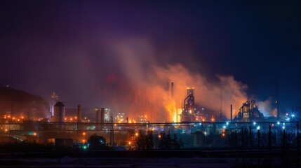 Fototapeta premium Night scene of metal factory glowing like a forge temple