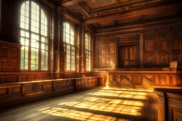 Sunlight pours through tall windows, highlighting the intricate architectural features of a wooden courtroom, creating a warm and inviting atmosphere in a historical setting