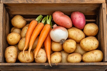 A wooden crate displays a vibrant collection of freshly harvested carrots, potatoes, and onions, reflecting a rustic farm atmosphere and natural colors