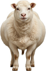 Fluffy sheep with thick white wool and calm expression, isolated on a transparent background. Natural texture and lifelike details with soft and clean appearance.

