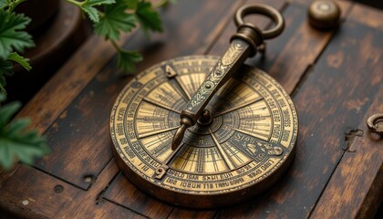 Antique brass sundial on wooden table surrounded leaves