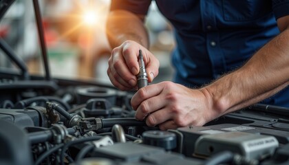Mechanic fixing car engine in garage workshop