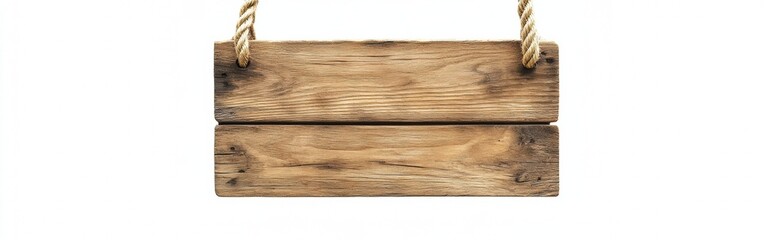 A rustic wooden sign hangs from a rope, showcasing its natural texture and grain. Set against a pure white background, it provides a versatile and clear canvas for various messages