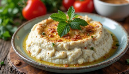 Creamy hummus garnished with herbs tomatoes