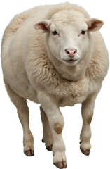 Fluffy sheep with thick white wool and calm expression, isolated on a transparent background. Natural texture and lifelike details with soft and clean appearance.

