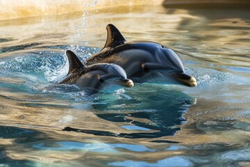 A young dolphin calf gracefully swims next to its mother in crystal-clear water, highlighting their close bond and the vibrant marine environment around them