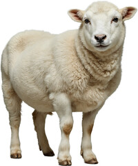 Fluffy sheep with thick white wool and calm expression, isolated on a transparent background. Natural texture and lifelike details with soft and clean appearance.

