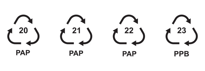 Paper recycling code icon set. recycling codes 20, 21, 22, 23. pap recycling symbols. plastic, recycle, symbol, code, icon. Paper. Paper recycling codes vector isolated on white background.