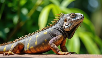 Iguana basking in sun on tropical backdrop