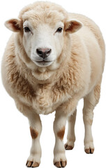 Fluffy sheep with thick white wool and calm expression, isolated on a transparent background. Natural texture and lifelike details with soft and clean appearance.

