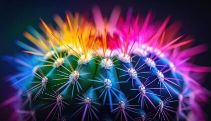 Obraz premium Vibrant Rainbow Spiked Cactus Close-Up Displaying an Abstract Colorful Effect