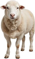 Fluffy sheep with thick white wool and calm expression, isolated on a transparent background. Natural texture and lifelike details with soft and clean appearance.


