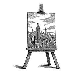 Easel Stand with City Lines Illustration on Canvas Black and White Outline Line Art Drawing of Skyline