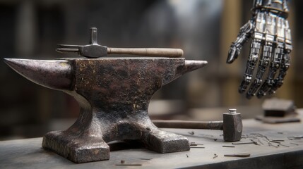 Oldschool anvil and hammer with robotic hand in background