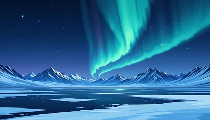 Obraz premium A mesmerizing aurora borealis lights up a clear night sky over snow-capped mountains and a reflective frozen lake, showcasing vibrant green and blue hues.