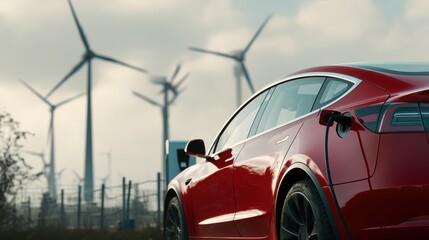 Electric vehicle charging with wind turbines in the background