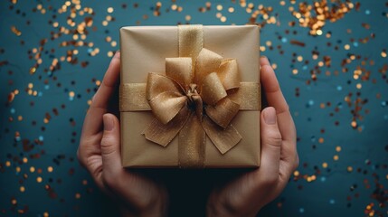 An elegantly wrapped gift box with a shimmering gold bow, set against a backdrop of lively confetti, embodying celebration and joyous occasions.