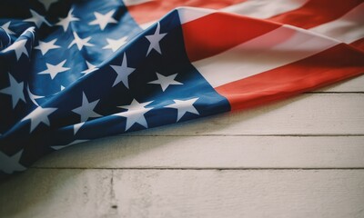 American flag draped on white wood background