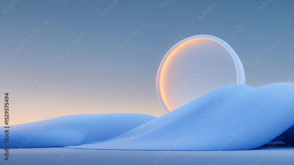 Poster minimalist abstract background with blue wave shapes and glowing circle geometric forms on a gradien