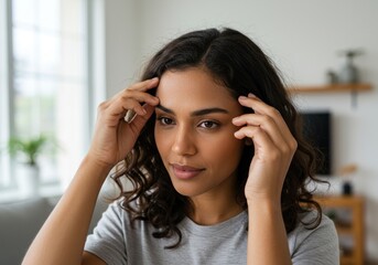 Thoughtful Young Woman Gently Touching Her Temples